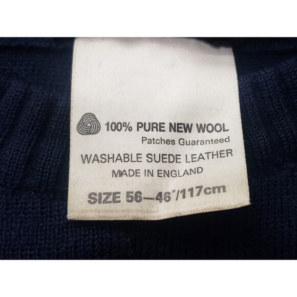 Vintage Barbour Pure Wool & Suede Leather Navy Blue Jumper Sweater | Size 56-46 - Picture 5 of 8